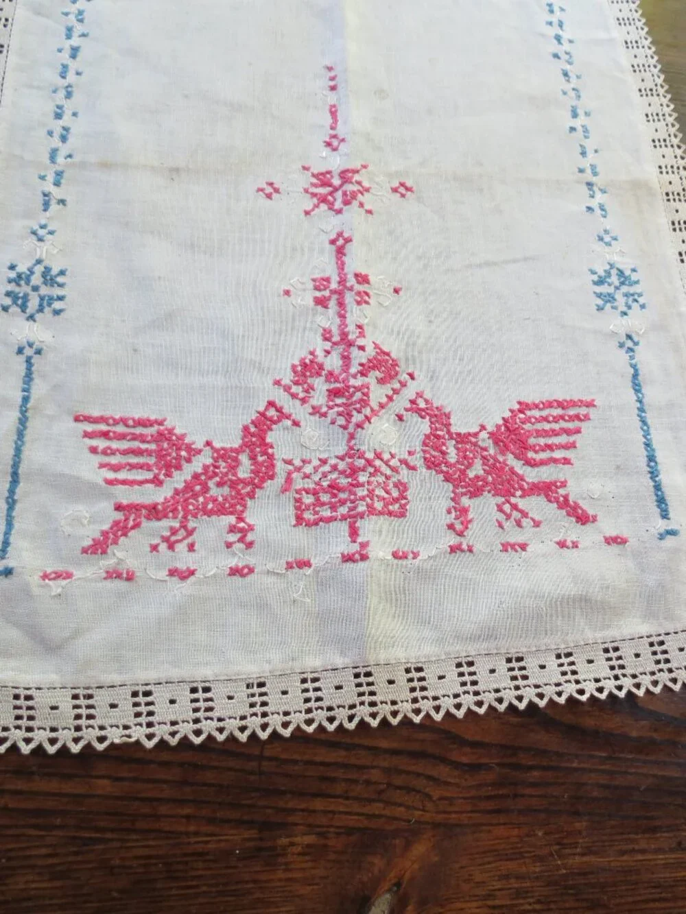 Dragon Bird Vintage Needlepoint Table Runner Linen 46x16.5